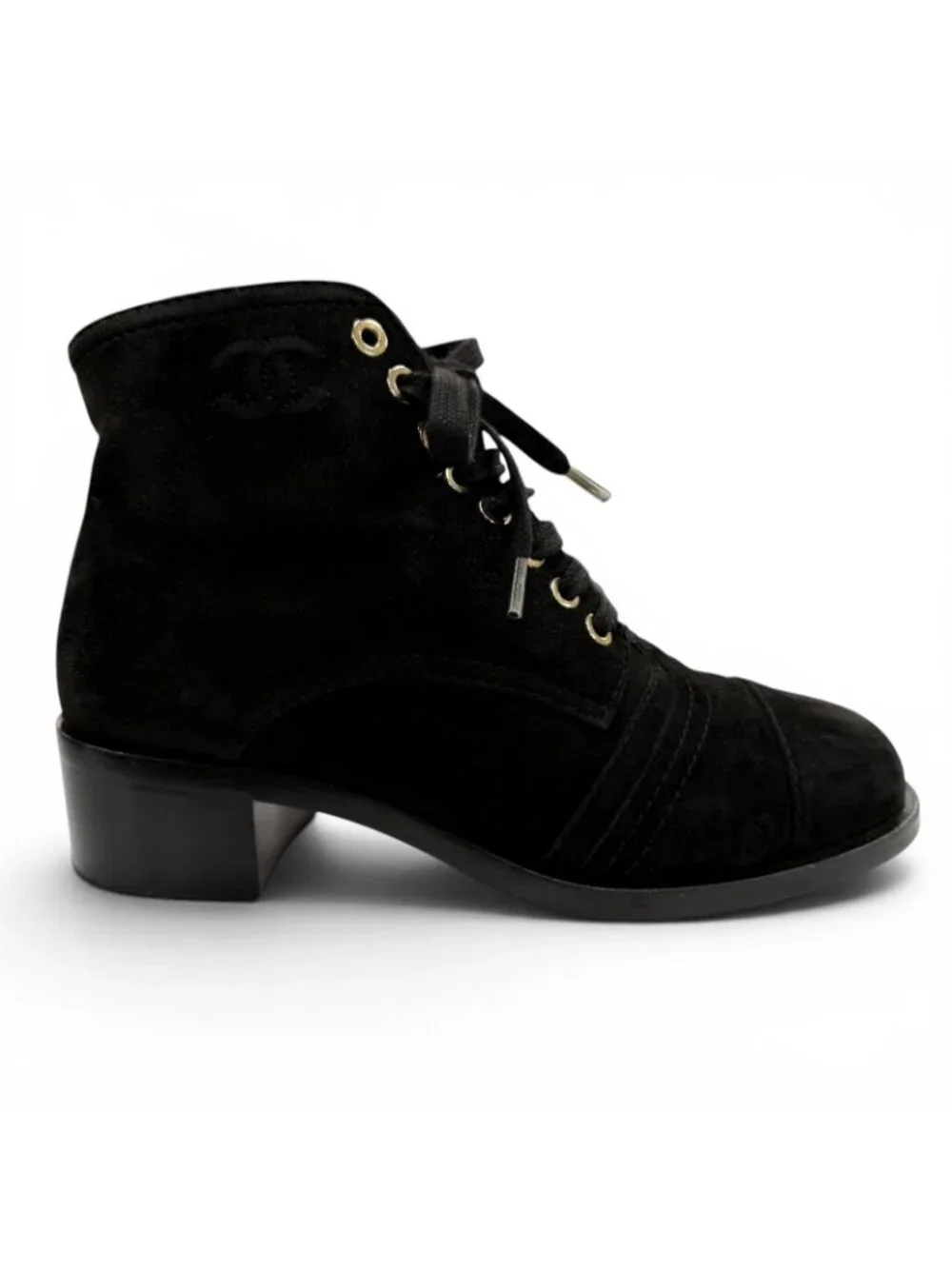 Chanel CC Logo Embroidery Shearling Boots Ankle Black